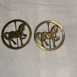 Vintage Brass Horse‎ Carousel Trivet Set Of 2 Nursery Equestrian